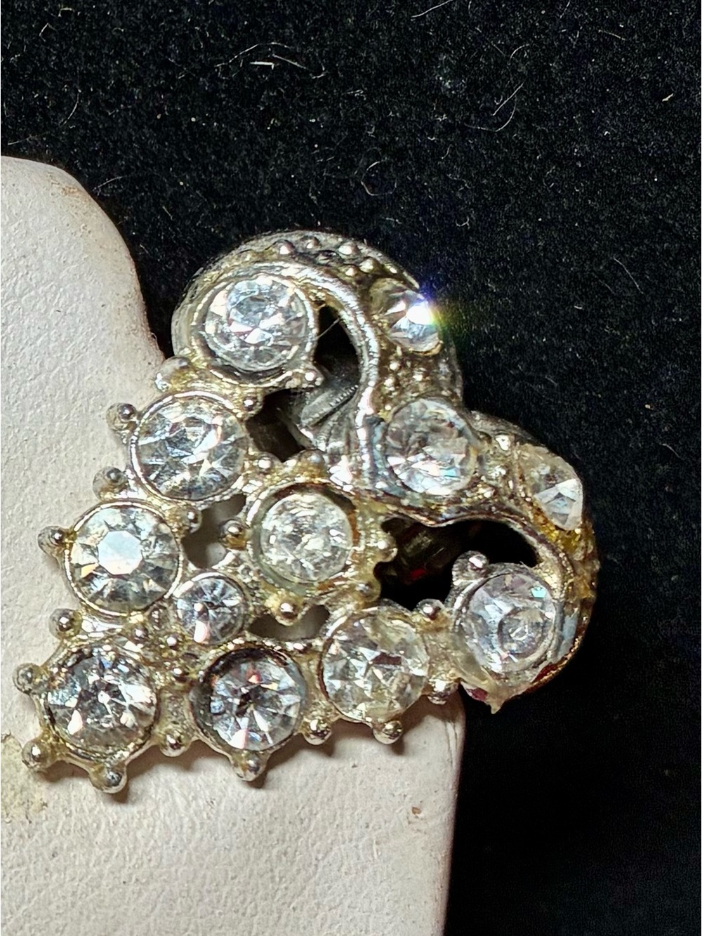 Art deco Dress Clips with Crystal Rhinestones in silver Tone Heart shape are 1”